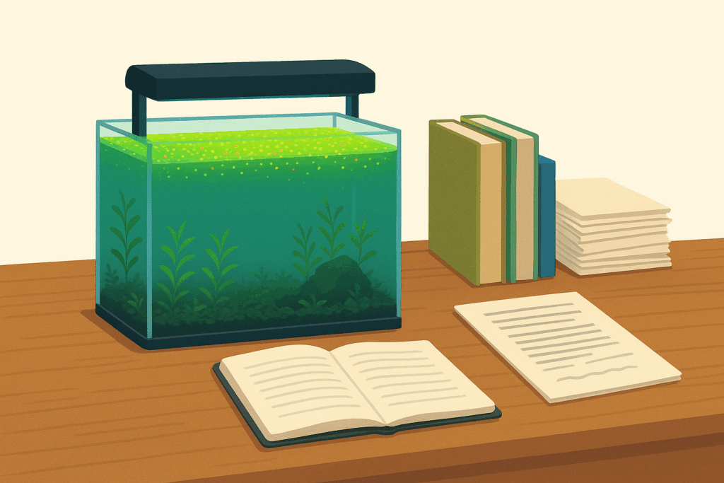 Illustration of a planted tank, with a floating layer of fluorescent Wolffia plants, on a wooden desk next to a notebook, books, and papers