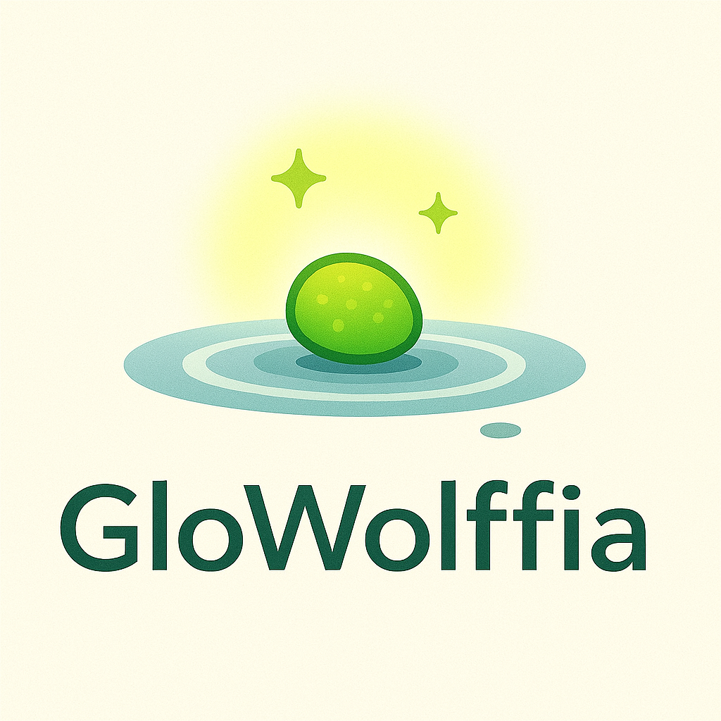 Logo depicting a single Wolffia plant glowing and floating on water